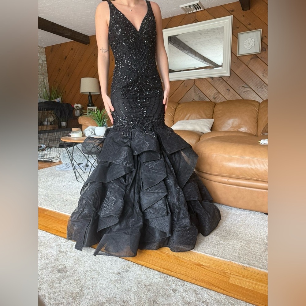 Black Beaded Ruffled Mermaid Prom Dress
